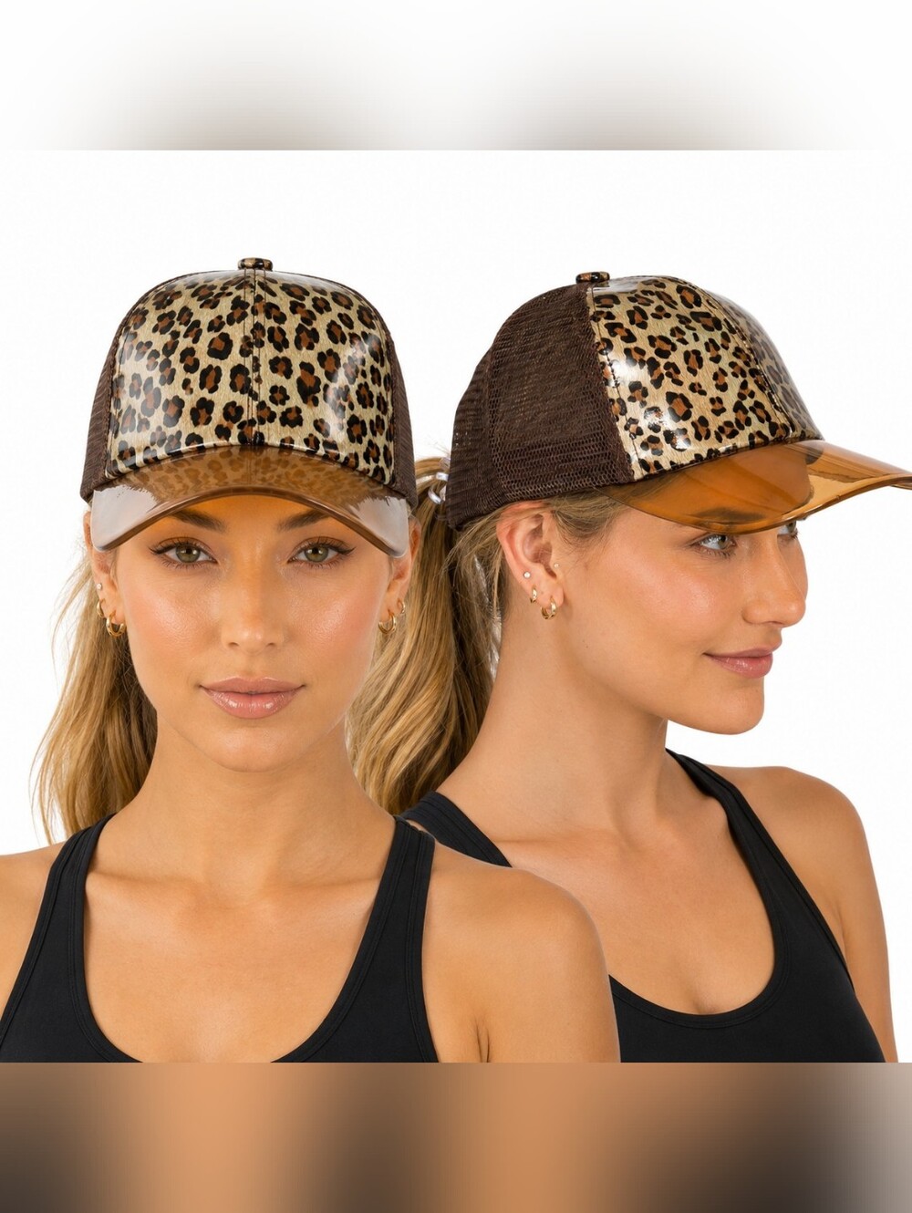 Nwt Magid Patent Leopard Print & Mesh Trucker Hat Amber Acrylic Clear Visor Brim